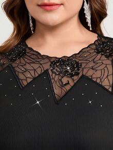 Reflora Plus Size Lace Patchwork Rhinestone Knit Top,Long Sleeve Autumn Base Sweater,Elegant Mesh Contrast T-Shirt,Black Formal Evening Night Out Club Top - Black - View 1