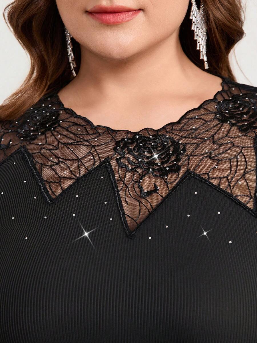 Reflora Plus Size Lace Patchwork Rhinestone Knit Top,Long Sleeve Autumn Base Sweater,Elegant Mesh Contrast T-Shirt,Black Formal Evening Night Out Club Top - Black - View 1