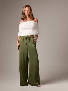 AiiRZ High Waist Satin Wide Leg Palazzo Trousers With Drawstring Waist For Elegant Evening Occasions - Army Green - View 5