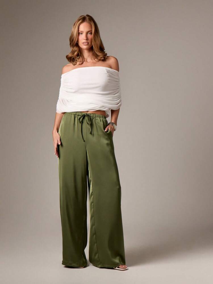 Satin Wide Leg Palazzo Trousers With Drawstring