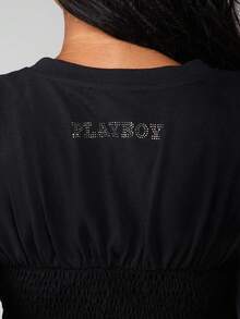 Missguided x Playboy Stay Smocked T-Shirt With Ruffle Hem And Pink Script For Casual Summer Wear - Black - View 5