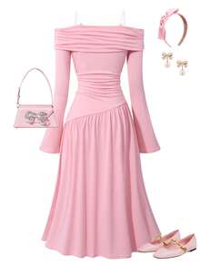 Teen Girl Off Shoulder Ruched Waist Dress, French Bow Decor Flare Sleeve Dress - Pink - View 2