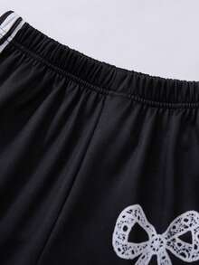 Teen Girl Bow Print Elastic Waist Side Stripe Wide Leg Casual Pants - Multicolor - View 4