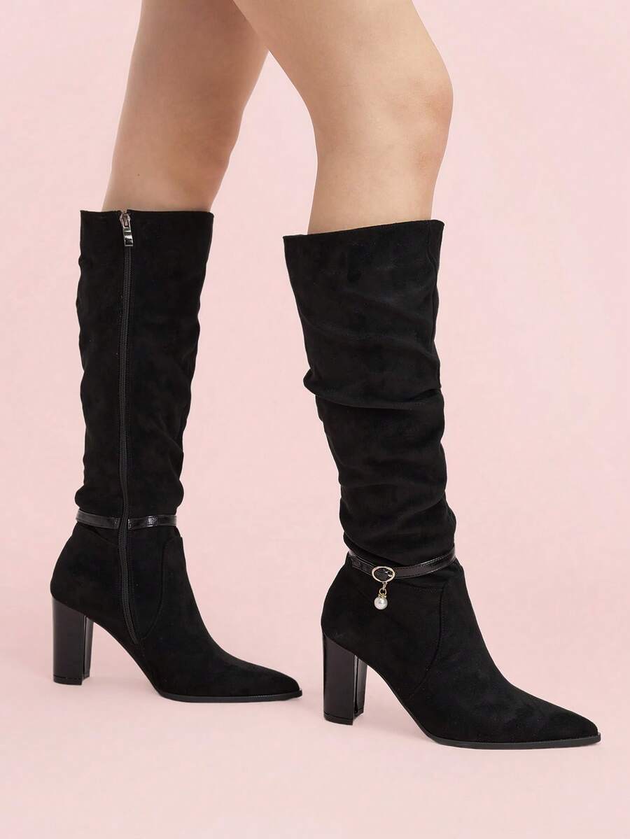 CUCCOO DOLLMOD Botas de tacón alto elásticas de punta puntiaguda de gamuza para mujer, botas de media pantorrilla de tacón fino con suela blanda antideslizante para otoño/invierno