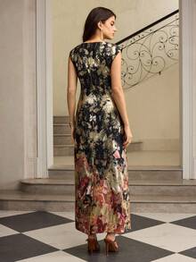 ZEYLAH V领修身直筒H型提花长连衣裙，秋冬 - 黑色 - 查看 4