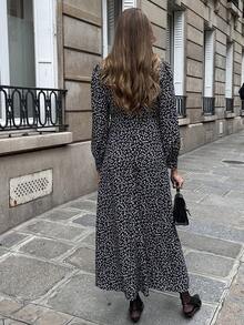 Pariaura 秋冬新品：女装优雅法式长袖蕾丝领碎花连衣裙，散发复古浪漫气息 - 黑色 - 查看 2