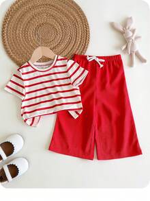 Babygirl Cute Knitted Pink Striped Short Sleeve Top And Elastic Waist Pants Set