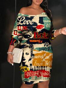 Slaydiva Casual Vintage Poster Graphic Print Plus Size Women Shoulder Strap Dress, Streetwear, Y2K All Over Print Dress Graphic Dress Women Dress Fashion Dress - Multicolor - View 1