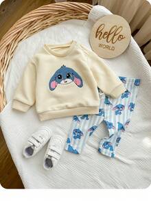 SHEIN 新生女婴可爱卡通图案长袖卫衣套装，秋冬 - 白色 - 查看 3