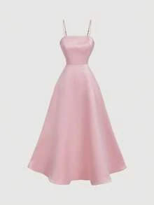 SHEIN MOD 杏色露背蝴蝶结缎面中长连衣裙 - 粉色 - 查看 5