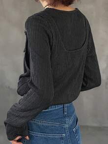 FRIFUL Áo thun nữ tay dài dáng rộng 2 trong 1 có dây đeo điều chỉnh họa tiết dọc thời trang dạo phố - Xám - Xem 6