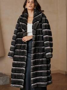 GENKIRA Abrigo de piel sintética de invierno 2025, con elegante patrón de rayas degradadas, chaqueta de piel sintética de mapache de moda sofisticada para mujeres - Gris Oscuro - Ver 3