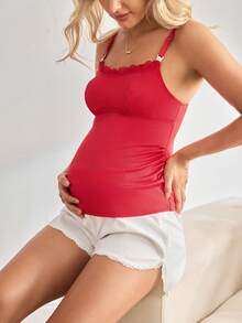 红色圣诞蕾丝拼接哺乳吊带背心，休闲舒适的孕期/产后女装