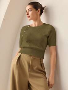 BizChic Áo len nữ cổ tròn một hàng khuy họa tiết kim cương bất đối xứng màu xám-xanh lá cây mới thu/đông 2025, thiết kế trang trí, thời trang & thanh lịch, phù hợp cho công sở, thường ngày, văn phòng, tiệc tùng, bãi biển, đám cưới, ngày l, thứ sáu đen tối - xanh quân đội - Xem 2