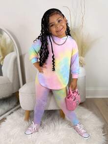 Bộ 2 trang phục dạo phố Y2K dành cho bé gái, áo hoodie nhuộm loang cỡ lớn có viền bất đối xứng và quần bó, trang phục thường ngày thoải mái khi đi học và mặc hàng ngày, mùa thu/đông - Nhiều màu - Xem 4