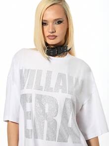 SUMWON Plus Size Rhinestone Embellished Oversized T-Shirt Dress With Short Sleeves And Crew Neck - White - View 4