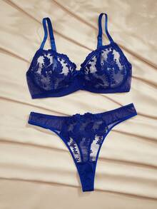 Charlaine 2 Stück Große Größen französischer Bügel-BH-Set, Spitze Stickerei Sexy Dessous, perfekte Büstenabdeckung, Lift - Blau - Übersicht 1