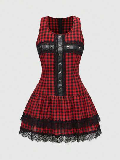 Grunge Punk Vestido de estilo urbano para mujer con diseño de pastel mini y parche cruzado, decorado con tachuelas de poliuretano