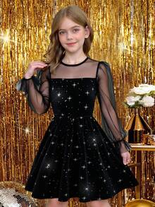 Pitira 少女闪亮银星印花丝绒黑色修身迷你连衣裙，拼接网纱泡泡袖长袖，秋冬连衣裙，派对礼服，太阳裙摆连衣裙，华丽 - 黑色 - 查看 1