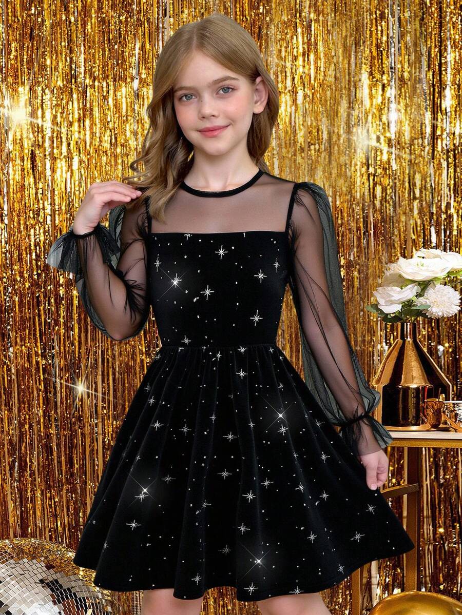 Pitira 少女闪亮银星印花丝绒黑色修身迷你连衣裙，拼接网纱泡泡袖长袖，秋冬连衣裙，派对礼服，太阳裙摆连衣裙，华丽 - 黑色 - 查看 1