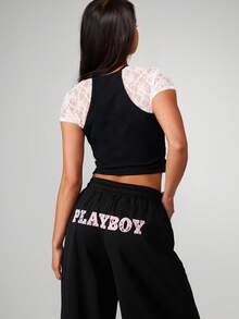 Missguided x Playboy Wide Leg Relaxed Fit Soft Fleece Jogger Sweatpants With Lace Letter Applique Design