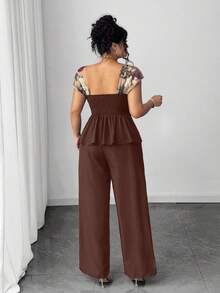 Elenzga Conjunto de 2 piezas de camisa de malla con bordado y parches asimétricos y pantalones de pierna ancha para mujer de talla grande