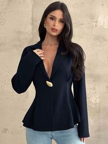 Firerie 女士休闲优雅收腰海军蓝西装外套/仿麻面料西装/收腰西装/女冬装/秋装/返校装/校服/女教师装/商务休闲女装/知性优雅女装 - 藏蓝色 - 查看 1