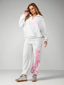 Missguided x Playboy Áo nỉ chui đầu cỡ lớn có khóa kéo một phần tư dành cho nữ, áo nỉ mặc ở nhà thoải mái thường ngày - Màu Xám nhạt - Xem 3