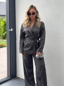 Jeta Ari 2pcs Women's Striped Wrap Elegant Casual Kimono Blazer Set, Grey, Office Fashion Commuter Suit - Dark Grey - View 6