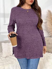 SHEIN Frenchy Plus Size Women's Solid Color Round Neck Side Slit Long Sleeve Casual T-Shirt - Purple - View 2