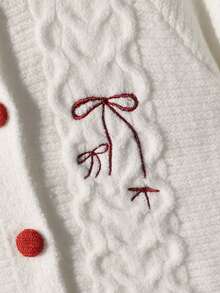 SHEIN Girls Cute Bow Embroidered Twist Rope Knit Cardigan, Long Sleeve Elegant Sweet Style Knitwear For Autumn/Winter - White - View 7