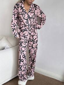 SHEIN 蝴蝶结星星印花翻领长袖上衣和裤子睡衣套装 秋冬服装 - 藕粉色 - 查看 5