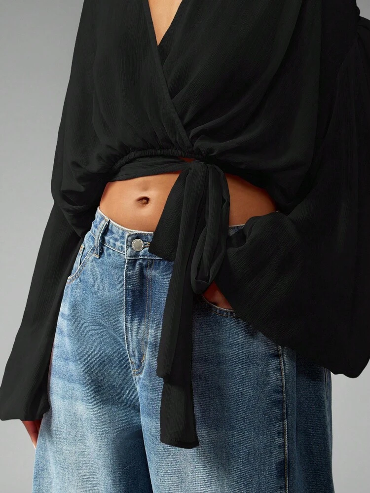 MISSGUIDED Oversized Wrap Front Blouse With Balloon Sleeves And Tie Detail For Casual And Office Wear