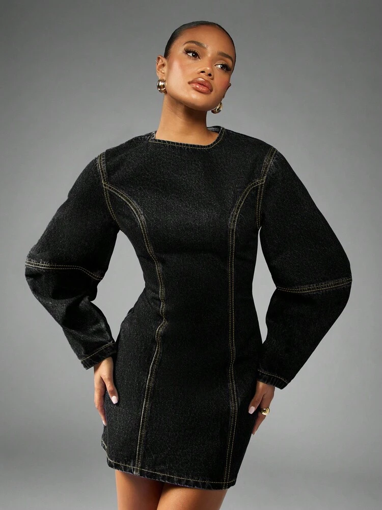 MISSGUIDED Fitted Mini Denim Dress With Cocoon Sleeves