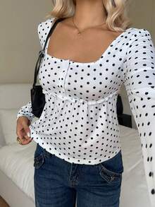 SHEIN EZwear 女式休闲白色波尔卡圆点方领长袖修身T恤，秋季 - 白色 - 查看 8
