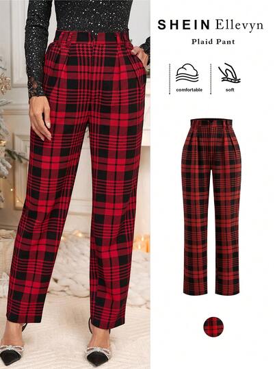Ellevyn Women's Pleated Tapered Pants, Knitted Elastic Plaid In Black & Red, Elegant For Daily Wear, Christmas & Holiday, Autumn/Winter