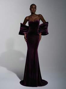 Elitara Gaun Pesta Formal Beludru Ungu Tua Elegan, Lengan Kelelawar dengan Hiasan Berlian Imitasi, Tanpa Punggung, Ekor Gaun Ekor Ikan, Gaun Acara Pernikahan Minimalis - Burgundy - View 8