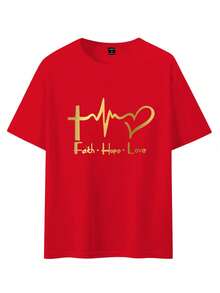 Manfinity Homme 男士圆领短袖字母印花休闲 T 恤，日常穿着 - 紅色 - 查看 2