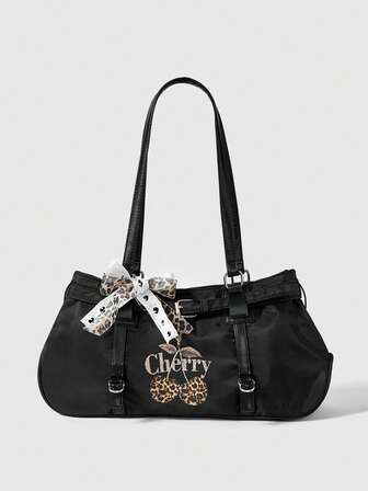 Kawaii Bolso de hombro grande con lazo y estampado de cerezas, de estilo retro Y2K, versátil y de gran capacidad para el transporte diario de las mujeres