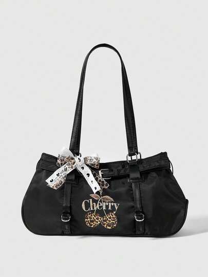 Kawaii Bolso de hombro grande con lazo y estampado de cerezas, de estilo retro Y2K, versátil y de gran capacidad para el transporte diario de las mujeres