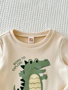 Cozy Pixies 2pcs Baby Boy Cartoon Dinosaur Contrast Color Crew Neck Long Sleeve Pullover Top And Elastic Waist Pants Set, Thermal Lined, Suitable For Winter Baby Boy Clothes Long Sleeve Neutral Baby Clothes Unisex 2026 Dinosaur Baby Boys Outfit Baby Casual Sets