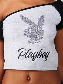 Missguided x Playboy Asymmetric Off Shoulder Crop Top With Embellished Bunny Logo And Short Sleeves - Multicolor - View 5