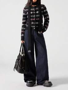 LYSMO 2025 New Arrive Minimalism Winter Black All-Over Print Button Front Casual Long Sleeve Cardigan Sweater Winter For Women New Year Look And Christmas For Women For Going Out, Streetwear, And Stockholm Style - Multicolor - View 1