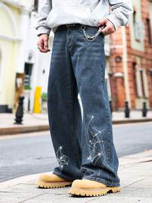 ROMWE MEN Street Life Men's Casual Jeans With Pockets And Rhinestone Spider Web Pattern