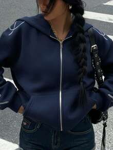 SHEIN EZwear Autumn Women's Navy Blue Hooded Zipper Long Sleeve Letter Embroidery Design Casual Sweatshirt, Long Sleeve Top Graduation, Back To School Clothing, Graduation, Women's Teacher Clothing, Autumn And Winter Back To School