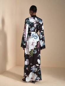 JIAN LASALA Floral Print Satin Silk-Like Elegant Women Loose Maxi Robe With Lace Trim Long Bell Sleeves Luxury Stylish Clothing Collection Floral Robe Curve Robe Mesh Robe Robe Long Sleeve Long Sleeve Robe Women Floral Robe Long Robe - Multicolor - View 2