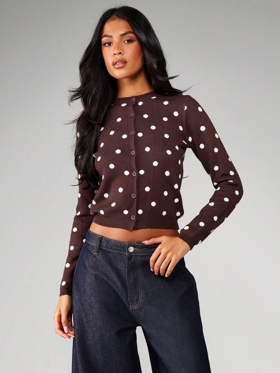 MISSGUIDED Cardigan con bottoni a pois, collo tondo, maniche lunghe, maglione lavorato a maglia per l'autunno e l'inverno, casual da ufficio - Multicolore - Visualizzare 1