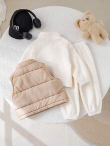 SHEIN 2 件套女婴可爱百搭保暖内衬连帽衫和裤子套装，秋冬 - 卡其色 - 查看 4