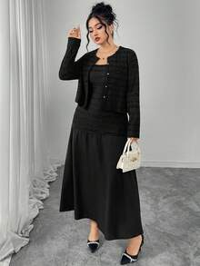 Modelyn 大码女式针织连衣裙，纽扣下摆拼接设计，优雅长袖荷叶边装饰两件套 - 黑色 - 查看 8