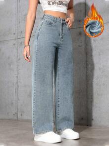 Jeanoix 女式高腰口袋阔腿宽松休闲百搭牛仔裤 - 淺色水洗藍 - 查看 4